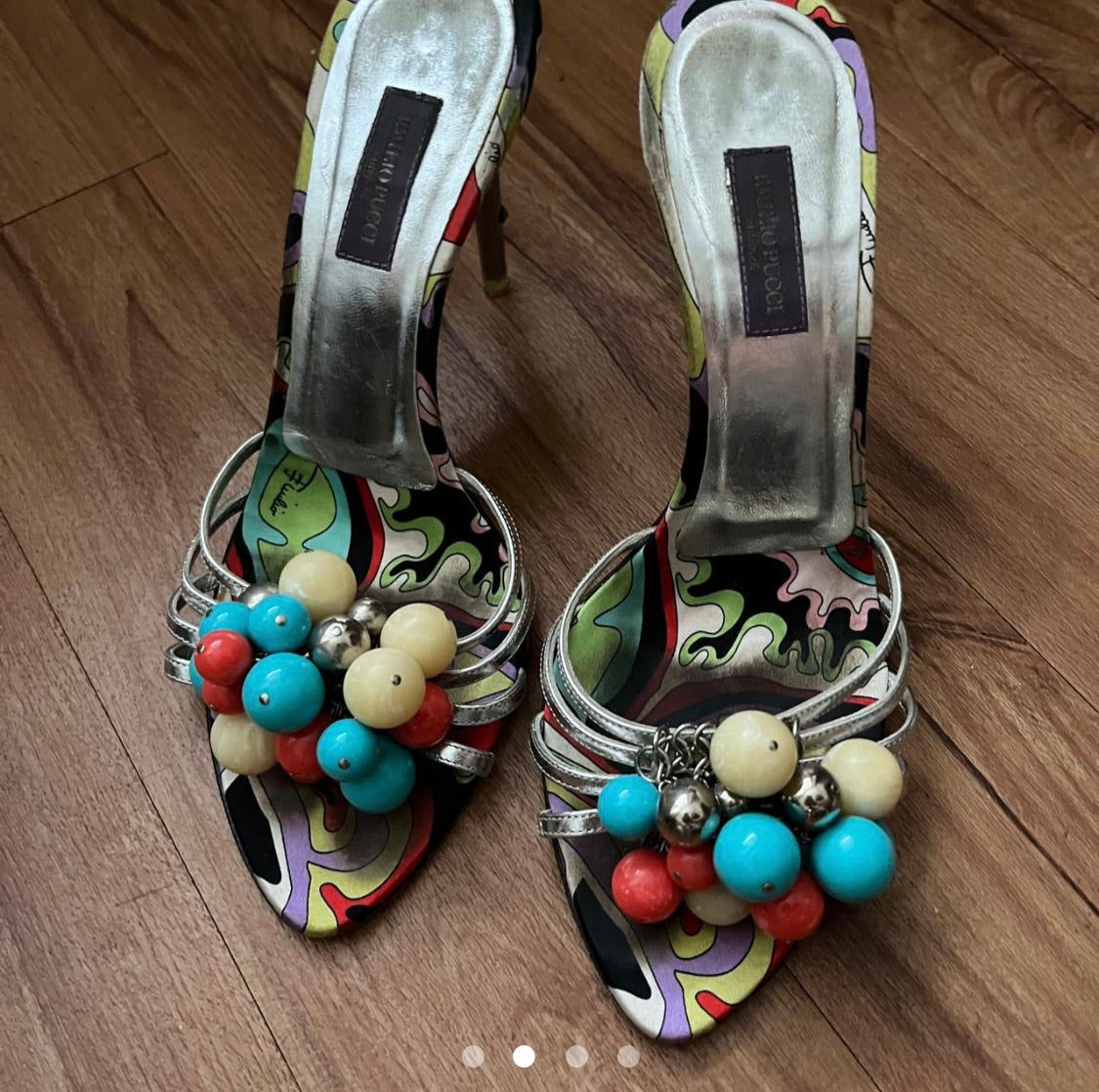 Silver high heels with colorful balls